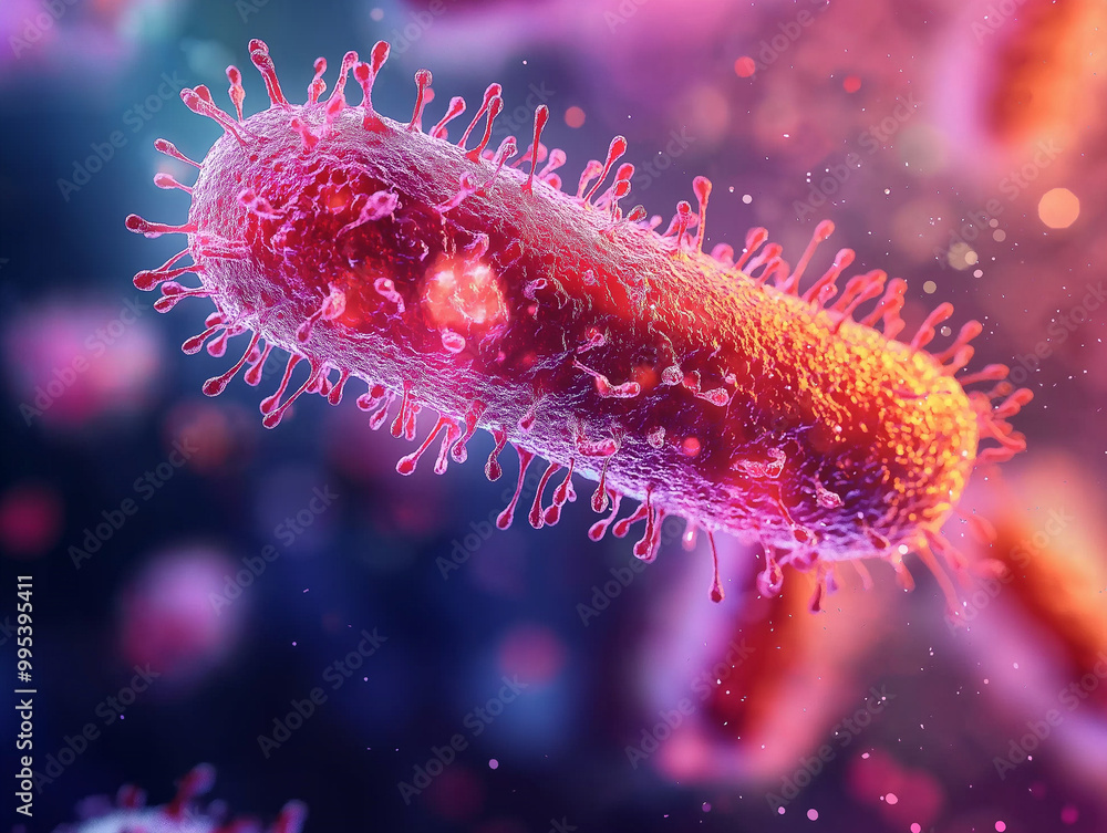 A vividly colored bacterium in sharp focus, set against a blurred backdrop, showcasing the fascinating details of microbial life forms. A vividly colored bacterium in sharp focus, set against a blurred backdrop, showcasing the fascinating details of microbial life forms.