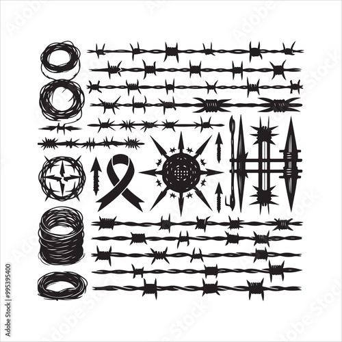Barbed wire collection silhouette vector. Razor wire silhouettes. Barbed wire metallic border elements, barb wire set, barb wire icon.