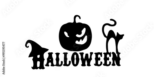 vector halloween with pumpkin monster face  and scary cat 