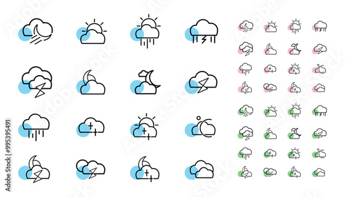 SET OF CLOUD ICONS, RAIN AND SUN DESIGN WITH CLOUDS