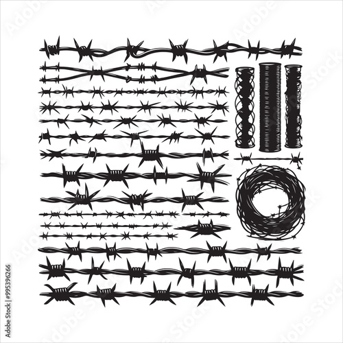 Barbed wire collection silhouette vector. Razor wire silhouettes. Barbed wire metallic border elements, barb wire set, barb wire icon.
