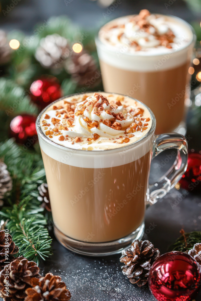 Two festive holiday coffee drinks with whipped cream, caramel, and nuts in glass mugs, surrounded by pine cones and Christmas ornaments. Two festive holiday coffee drinks with whipped cream, caramel, and nuts in glass mugs, surrounded by pine cones and Christmas ornaments.