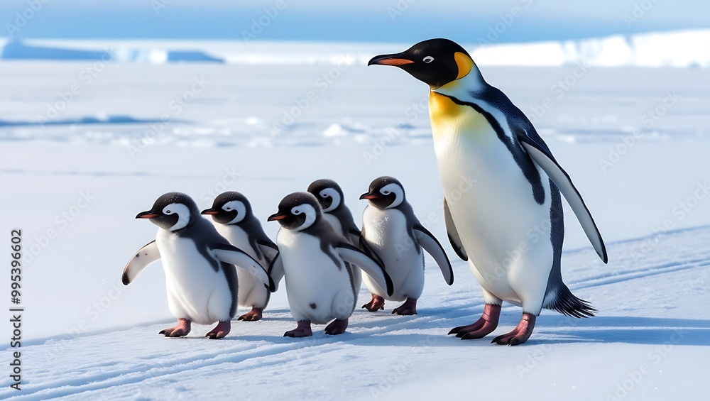 Fototapeta premium This heartwarming photograph captures the essence of penguin family life, featuring a line of penguin chicks following their parent across a snowy landscape. 