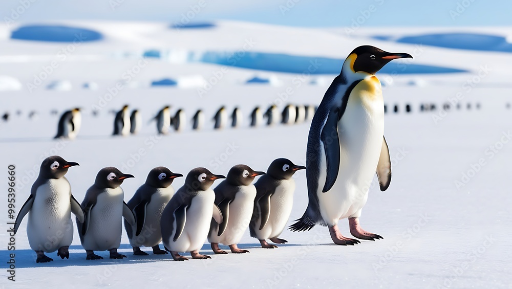 Obraz premium This heartwarming photograph captures the essence of penguin family life, featuring a line of penguin chicks following their parent across a snowy landscape. 