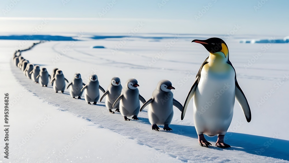 Fototapeta premium This heartwarming photograph captures the essence of penguin family life, featuring a line of penguin chicks following their parent across a snowy landscape. 