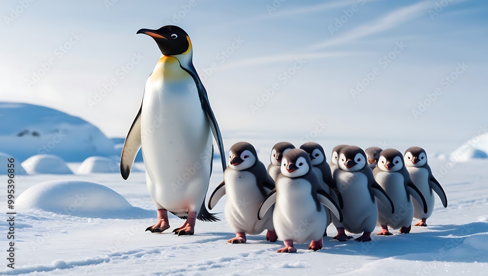 Obraz premium This heartwarming photograph captures the essence of penguin family life, featuring a line of penguin chicks following their parent across a snowy landscape. 