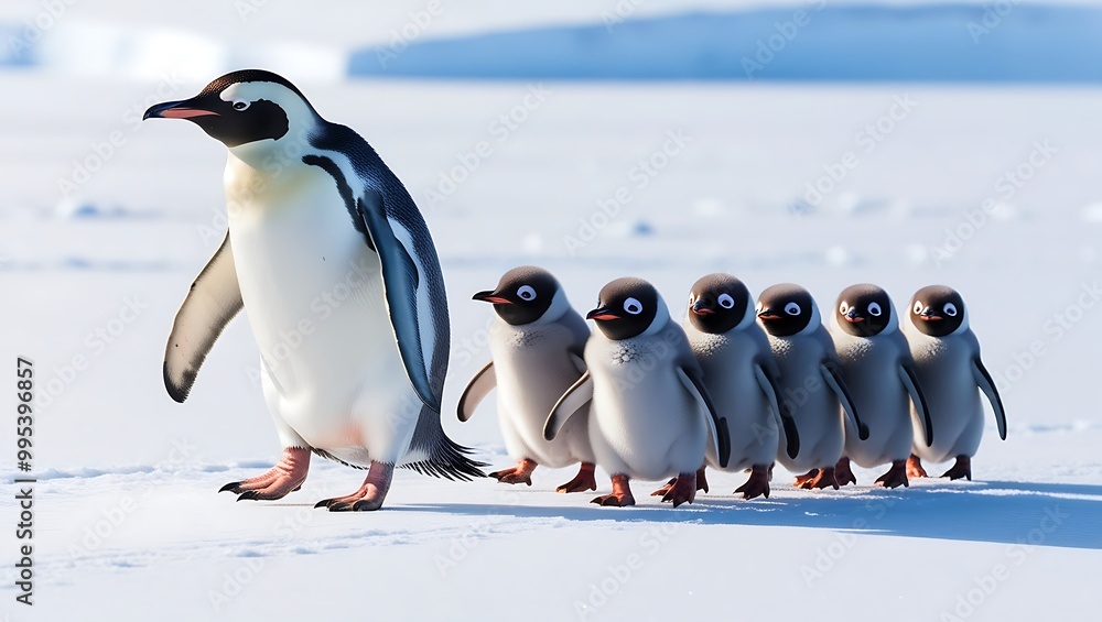 Obraz premium This heartwarming photograph captures the essence of penguin family life, featuring a line of penguin chicks following their parent across a snowy landscape. 
