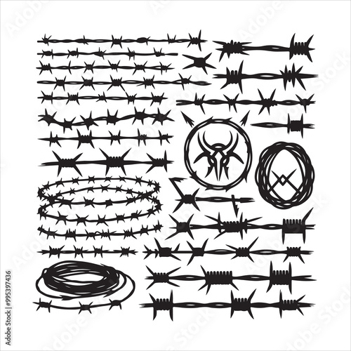 Barbed wire collection silhouette vector. Razor wire silhouettes. Barbed wire metallic border elements, barb wire set, barb wire icon.
