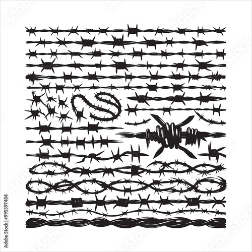 Barbed wire collection silhouette vector. Razor wire silhouettes. Barbed wire metallic border elements, barb wire set, barb wire icon.