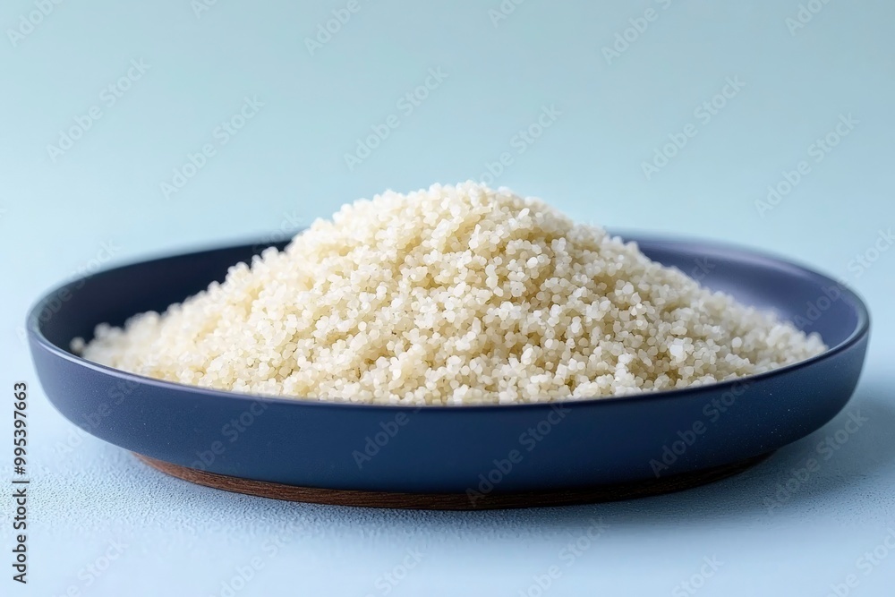 A Heap of Cooked Couscous in a Blue Bowl A Heap of Cooked Couscous in a Blue Bowl