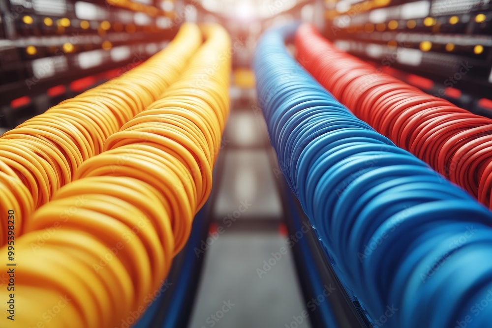 Rows of brightly colored cables in a server room illustrating data flow telecommunication infrastructure and network setup in a highly structured environment Rows of brightly colored cables in a server room illustrating data flow telecommunication infrastructure and network setup in a highly structured environment