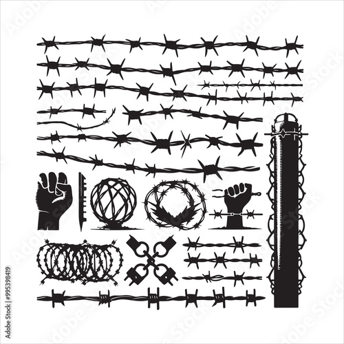 Barbed wire collection silhouette vector. Razor wire silhouettes. Barbed wire metallic border elements, barb wire set, barb wire icon.