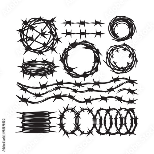 Barbed wire collection silhouette vector. Razor wire silhouettes. Barbed wire metallic border elements, barb wire set, barb wire icon.
