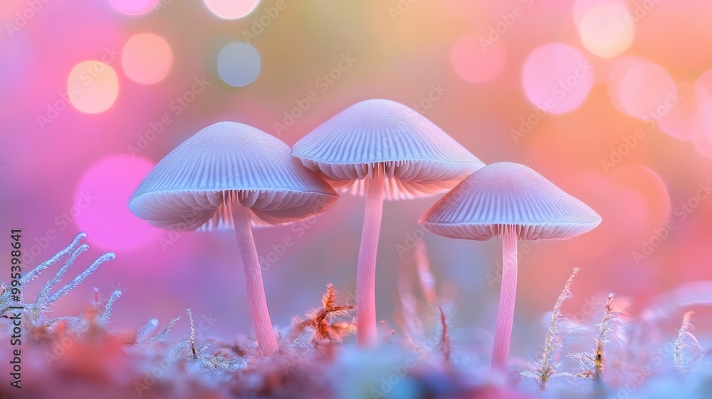 Fototapeta premium Pastel Pink & Blue Mushrooms in a Dreamy Forest