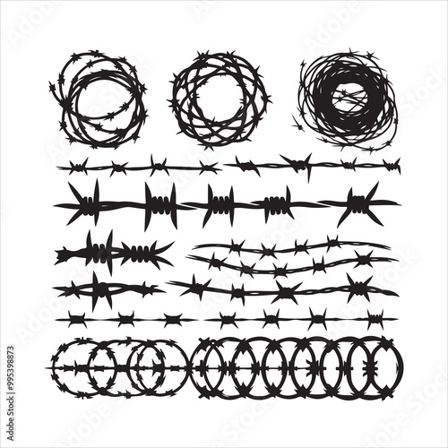 Barbed wire collection silhouette vector. Razor wire silhouettes. Barbed wire metallic border elements, barb wire set, barb wire icon.