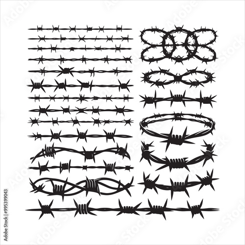 Barbed wire collection silhouette vector. Razor wire silhouettes. Barbed wire metallic border elements, barb wire set, barb wire icon.