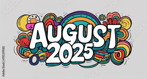 august 2025 word lettering with groovy doodles drawing design on plain white background