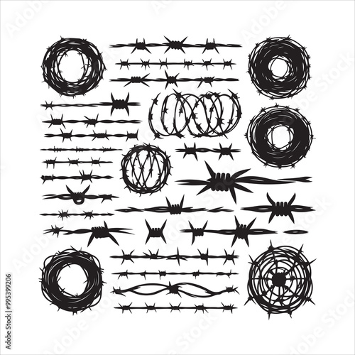 Barbed wire collection silhouette vector. Razor wire silhouettes. Barbed wire metallic border elements, barb wire set, barb wire icon.