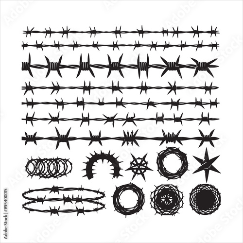 Barbed wire collection silhouette vector. Razor wire silhouettes. Barbed wire metallic border elements, barb wire set, barb wire icon.