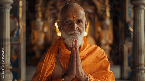 A Peaceful Sanctuary of Worship – The Swami's Blessing Illuminates the Mandir, Creating a Profound Sense of Calm with Artistic Blurring of Sacred Elements photo