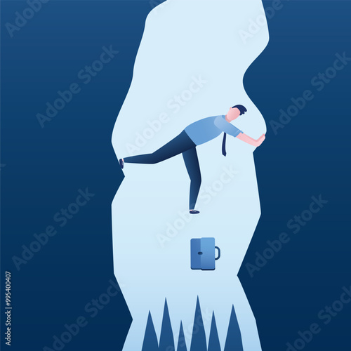 Businessman cling to the cliff edge, hopeless situation. Very deep business problem, financial crisis, and helpless scenario. Male character under pressure, burnout.