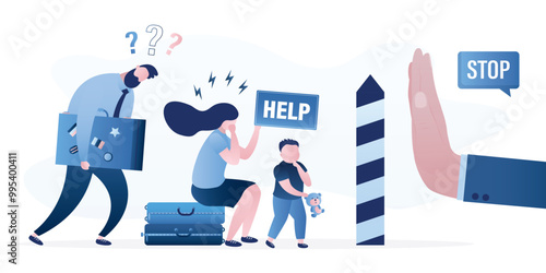 Immigration difficulties, refugee cannot relocate, restrictions, sanctions or visa problems. Big hand in gesture - stop before border line. Family need help with emigration,