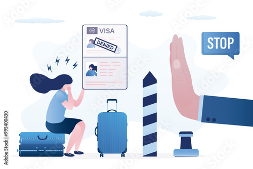 Immigration difficulties, businesswoman refugee cannot relocate, restrictions, sanctions or visa problems. Big hand in gesture - stop before border line. Passport with stamp - denied.