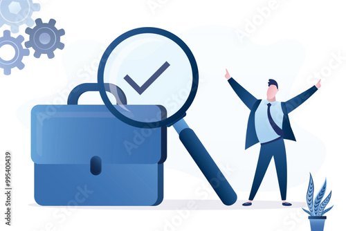 Job search. Giant briefcase. Happy job seeker or applicant used magnifying glass and found a job. Unemployment, head hunting, career. Recruitment, we are hiring.