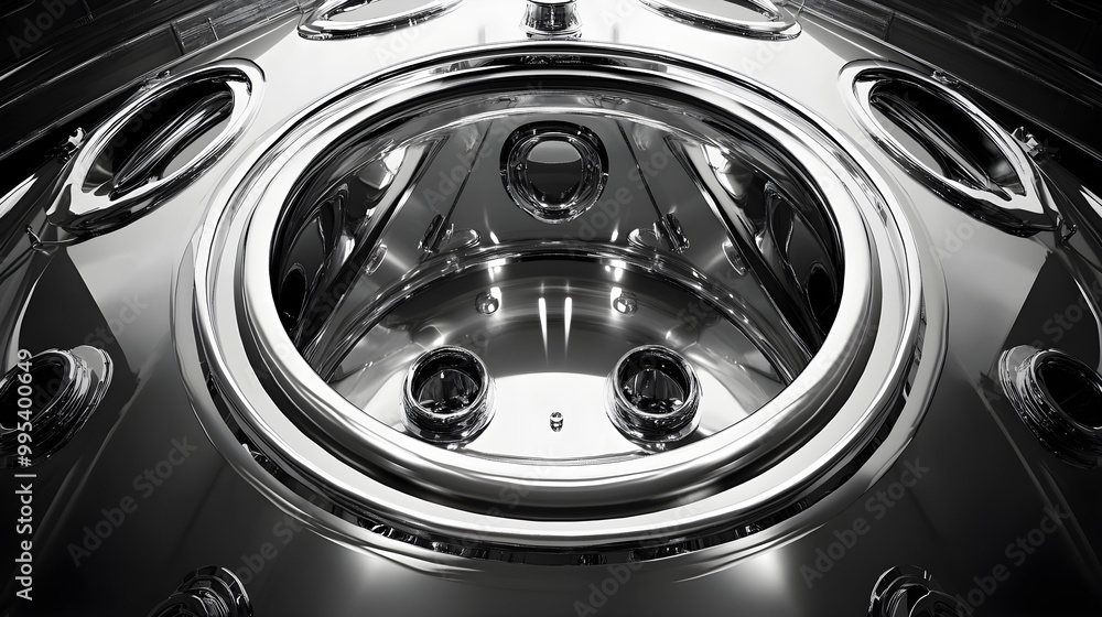 Gleaming stainless steel tank with an open hatch, showcasing the pristine interior, Digital illustration, Monochromatic, Smooth textures, Symmetrical composition Gleaming stainless steel tank with an open hatch, showcasing the pristine interior, Digital illustration, Monochromatic, Smooth textures, Symmetrical composition