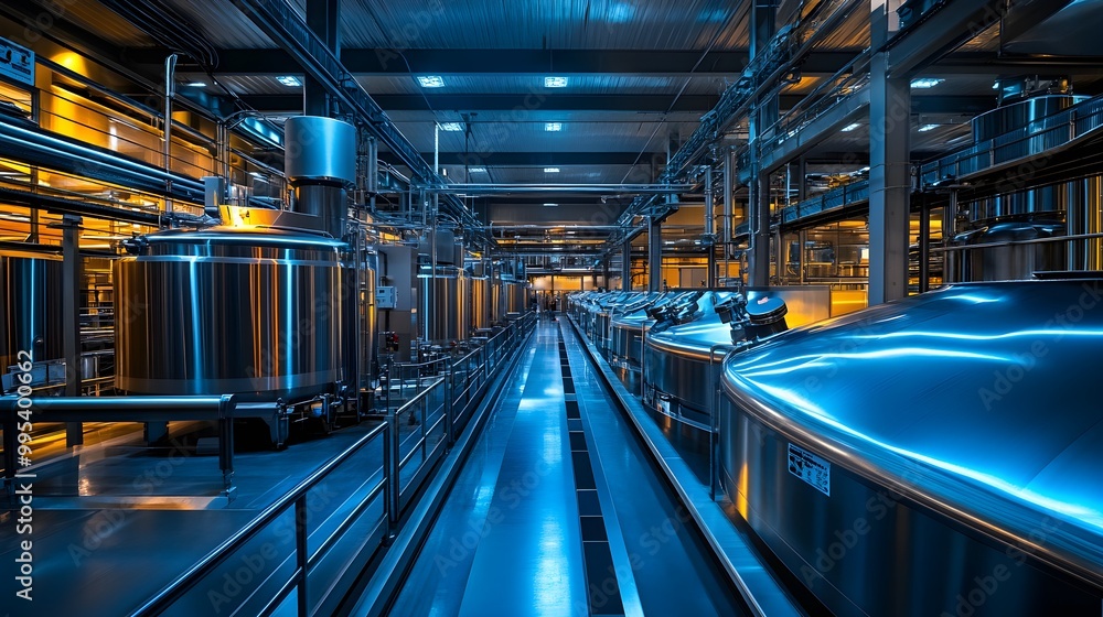 Gleaming stainless steel tank inside a high-tech food processing plant, engineered with advanced hygienic features and sleek, easy-to-clean surfaces Gleaming stainless steel tank inside a high-tech food processing plant, engineered with advanced hygienic features and sleek, easy-to-clean surfaces