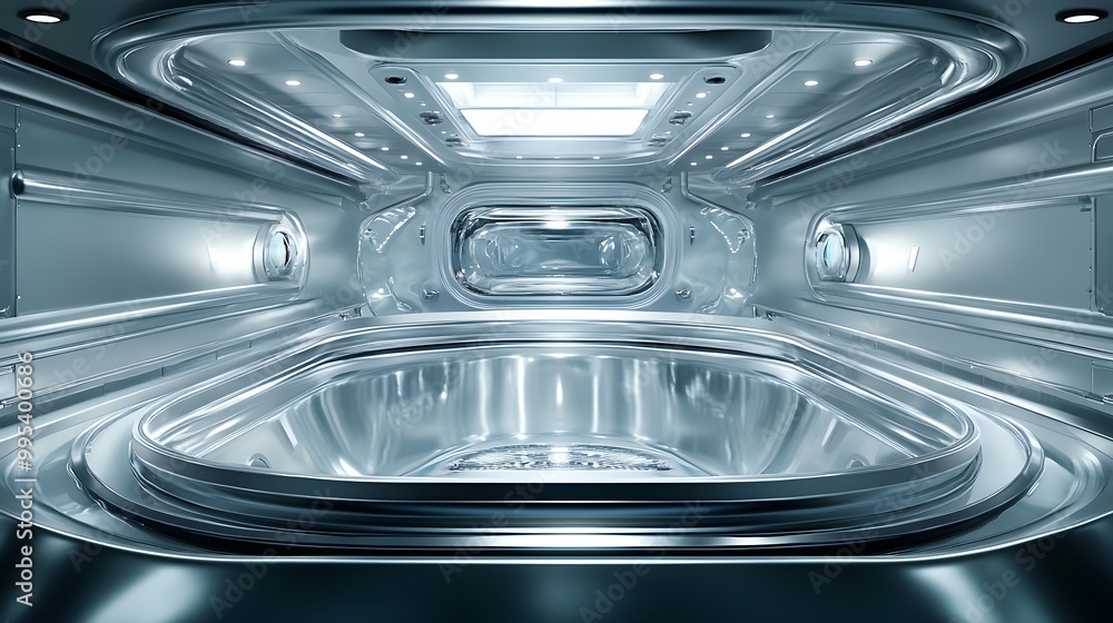 Gleaming stainless steel tank with an open hatch, showcasing the pristine interior, Digital illustration, Monochromatic, Smooth textures, Symmetrical composition Gleaming stainless steel tank with an open hatch, showcasing the pristine interior, Digital illustration, Monochromatic, Smooth textures, Symmetrical composition
