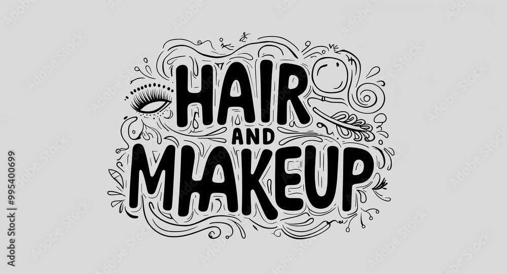 Hair and makeup word lettering with groovy doodles drawing design on plain white background Hair and makeup word lettering with groovy doodles drawing design on plain white background