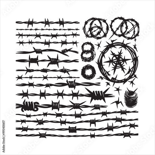 Barbed wire collection silhouette vector. Razor wire silhouettes. Barbed wire metallic border elements, barb wire set, barb wire icon.
