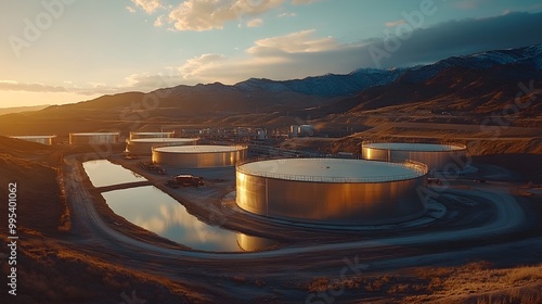 High-altitude shot capturing a stainless steel tank farm, the smooth reflective surfaces of the tanks contrasting with the rugged surroundings of an industrial zone