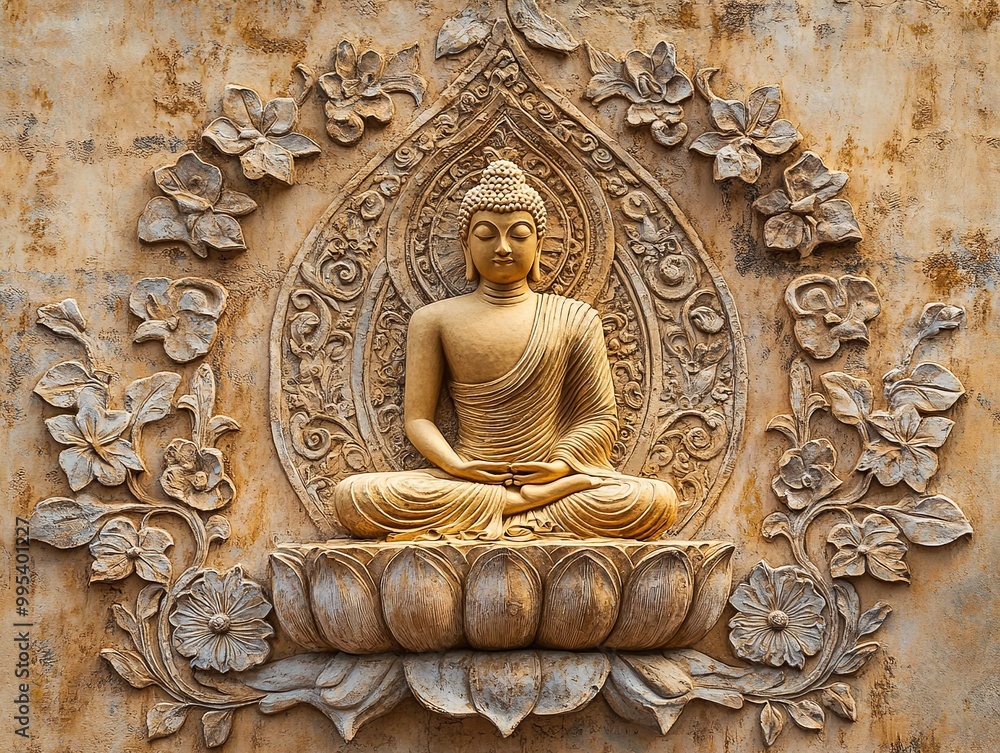 Fototapeta premium Golden Buddha Stucco Wall Art