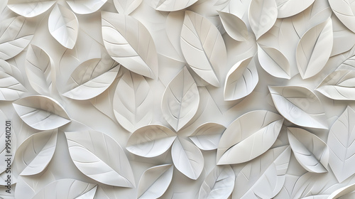 Fototapeta Naklejka Na Ścianę i Meble -  White geometric leaves 3d tiles texture Wood background. Generative AI.