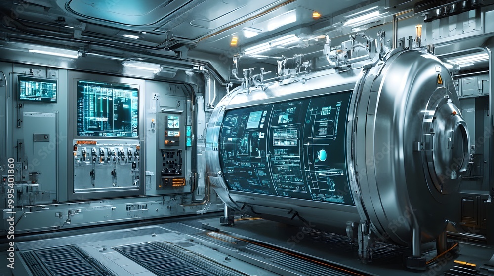 High-tech stainless steel tank embedded within the control center of a space station, surrounded by holographic displays and floating tools, a blend of sci-fi and industrial design High-tech stainless steel tank embedded within the control center of a space station, surrounded by holographic displays and floating tools, a blend of sci-fi and industrial design