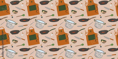 Kitchen utensils seamless pattern. Kitchenware tools background. Frying pan, saucepan, knives and forks. Modern contemporary textile, wrapping paper, wallpaper design, print for fabric vector