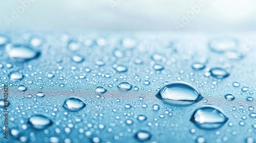 Water Droplets on Blue Surface: A Closeup View of Liquid Beauty