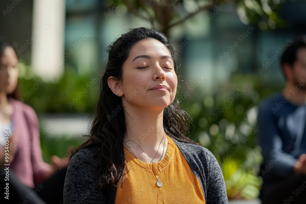 A guided meditation session taking place outdoors, with employees practicing mindfulness and relaxation techniques, Generative AI A guided meditation session taking place outdoors, with employees practicing mindfulness and relaxation techniques, Generative AI