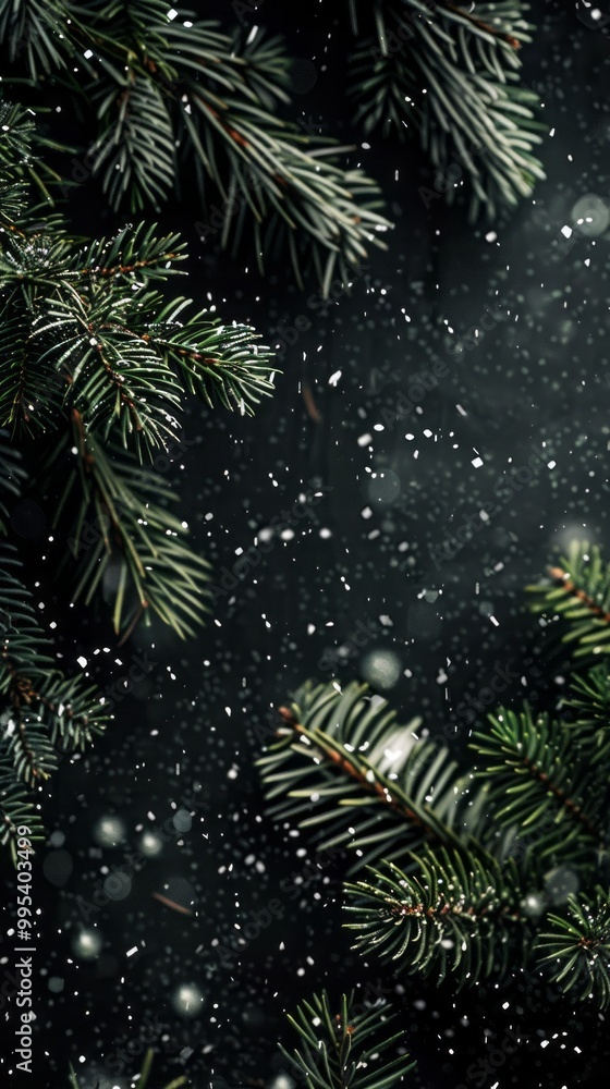 A close up of snow covered pine trees with a black background A close up of snow covered pine trees with a black background