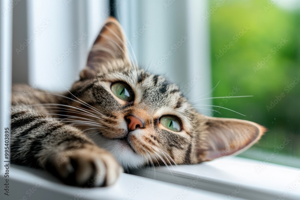 A relaxed tabby cat lounges by the window, gazing curiously outdoors, with vivid green eyes and a serene expression. A relaxed tabby cat lounges by the window, gazing curiously outdoors, with vivid green eyes and a serene expression.
