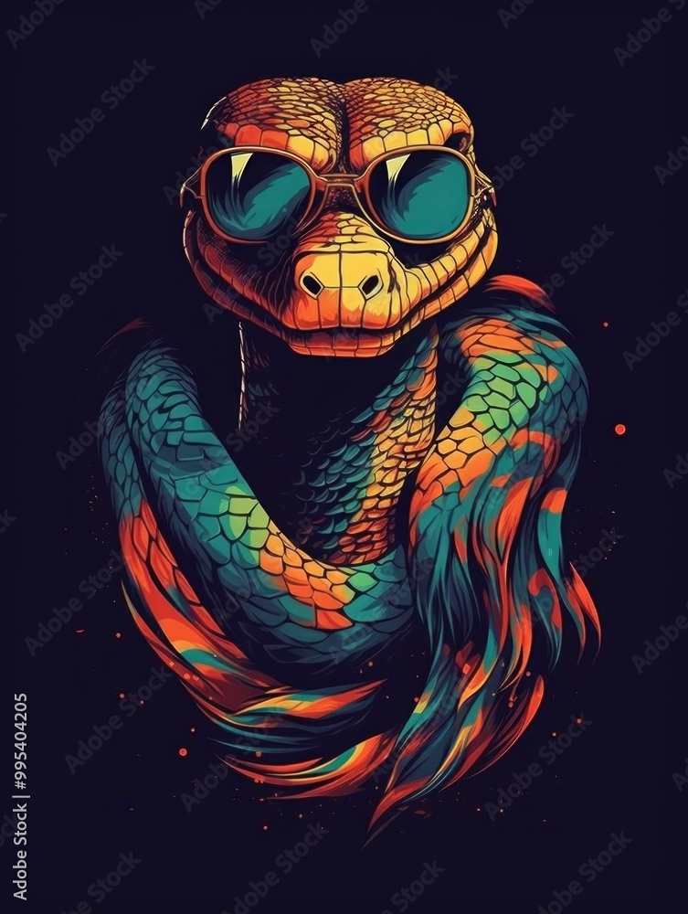 A colorful, stylized snake wearing sunglasses, showcasing vibrant art. A colorful, stylized snake wearing sunglasses, showcasing vibrant art.