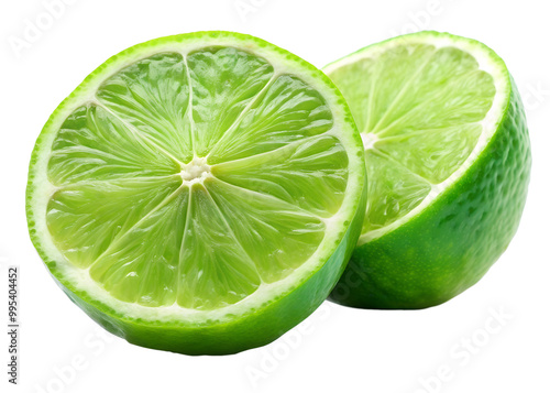 a bright green lime sliced in half on transparent background