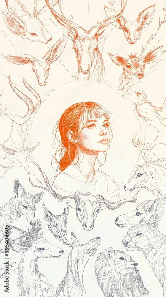 A drawing of a woman surrounded by animals