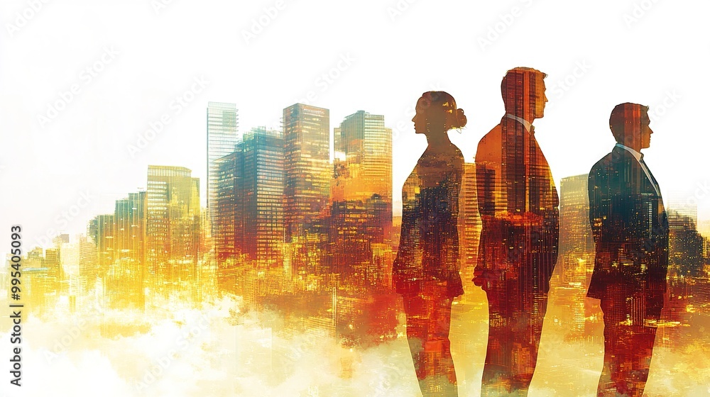 Business Professionals in Urban Skyline Silhouette Business Professionals in Urban Skyline Silhouette