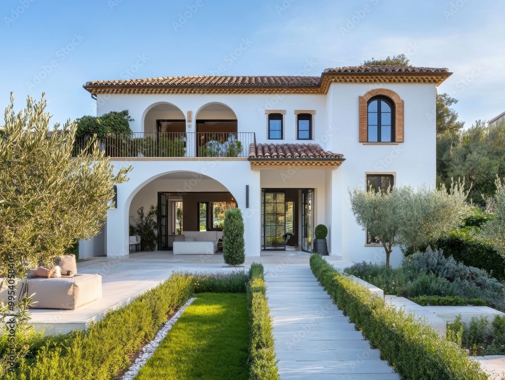 A charming Mediterranean-style villa surrounded by lush greenery, featuring arched doorways, large windows, and a welcoming garden path. A charming Mediterranean-style villa surrounded by lush greenery, featuring arched doorways, large windows, and a welcoming garden path.