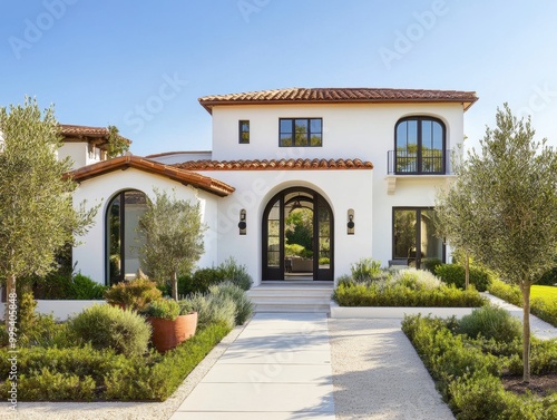A beautiful two-story house with a Mediterranean style, featuring a tiled roof, arched doorways, and lush greenery in a serene outdoor setting.