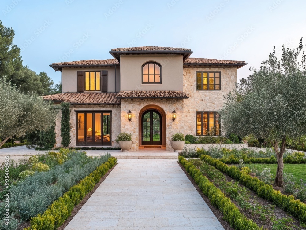 A beautiful, modern home with a stone façade, arched windows, and elegant landscaping, creating a welcoming atmosphere. A beautiful, modern home with a stone façade, arched windows, and elegant landscaping, creating a welcoming atmosphere.