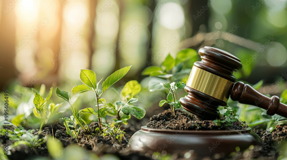 A judge's gavel is on top of a plant